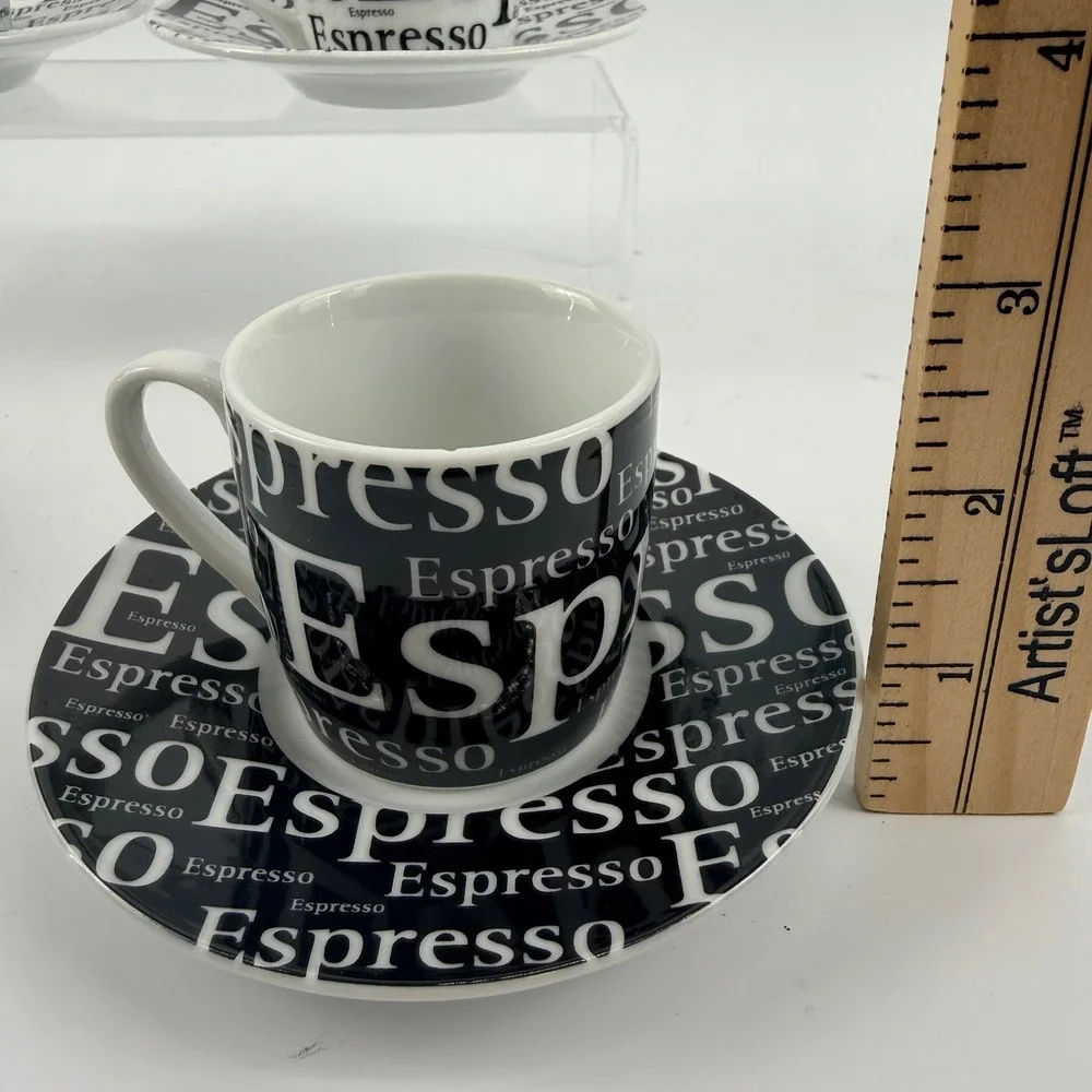 Konitz Espresso Typography Demitasse Cup & Saucer Set of 4 Black‎ White